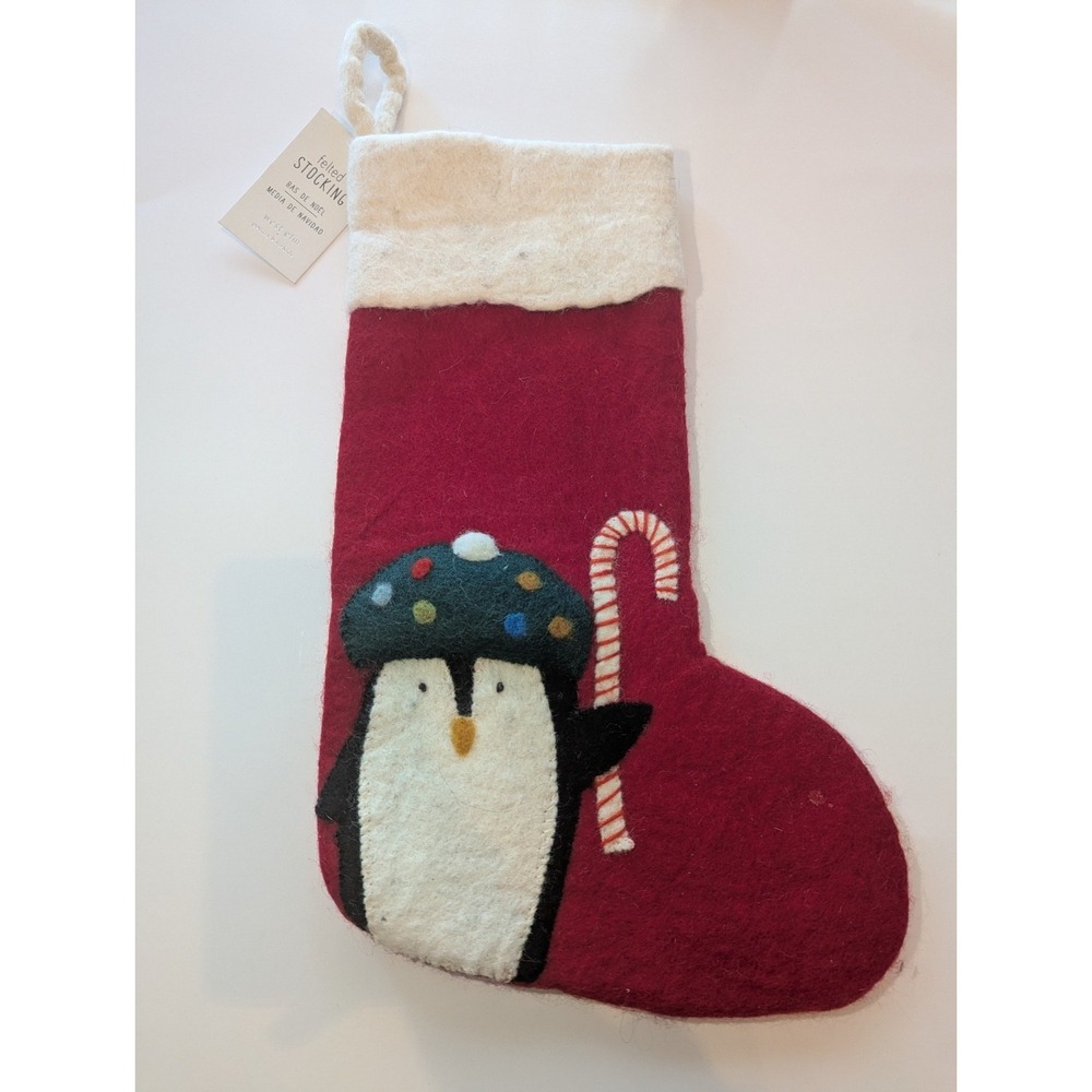 WEST ELM PB KIDS FELTED WOOL CHRISTMAS STOCKING - PENGUIN CANDY CANE NEW